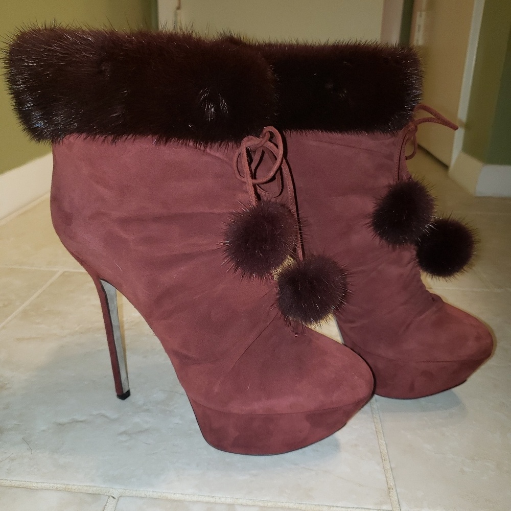 Sergio Rossi Mink Trimmed Suede Platform Booties
